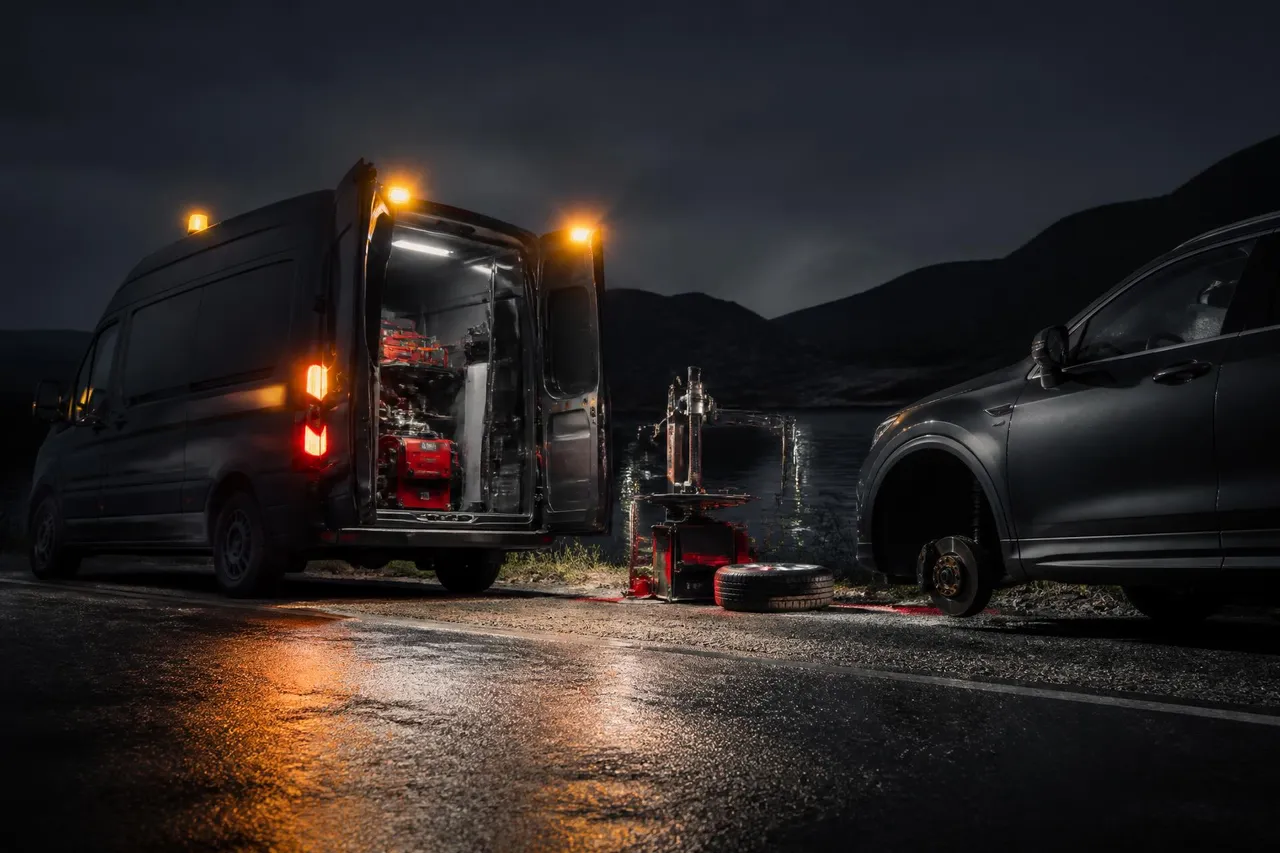 Mobile tire service van stocked with new tires
